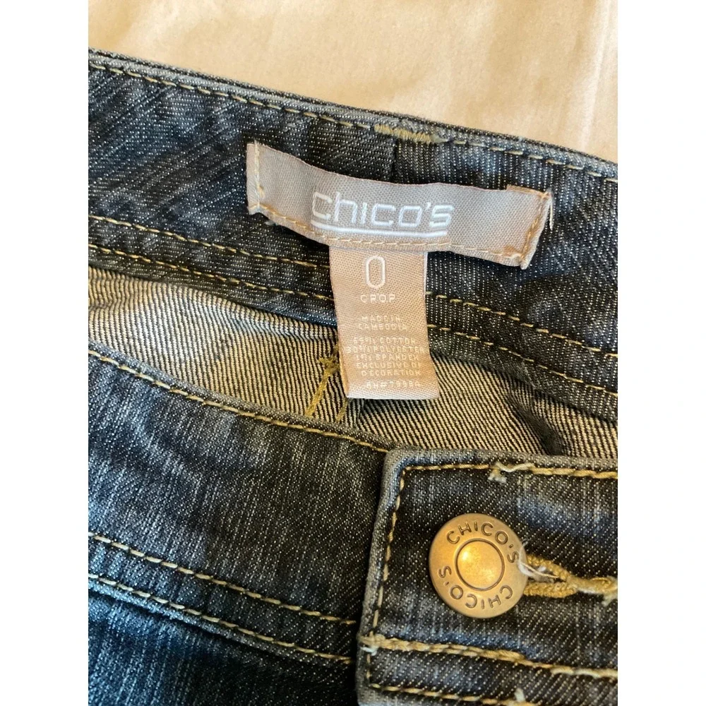 Chico's Crop Jeans‎ Womens Size 0 Dark Wash Denim Stretch Embroidered Pockets